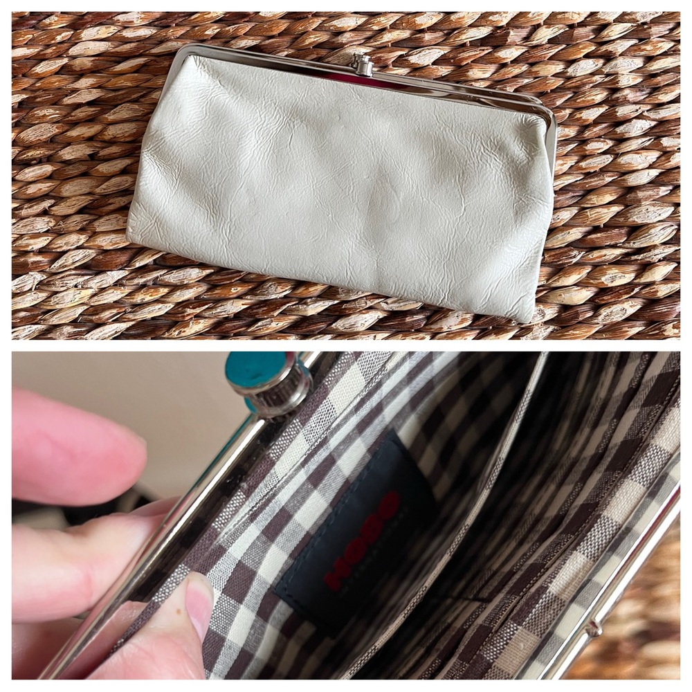 Hobo Lauren Leather Wallet clutch snap purse card holder beige neutral gingham